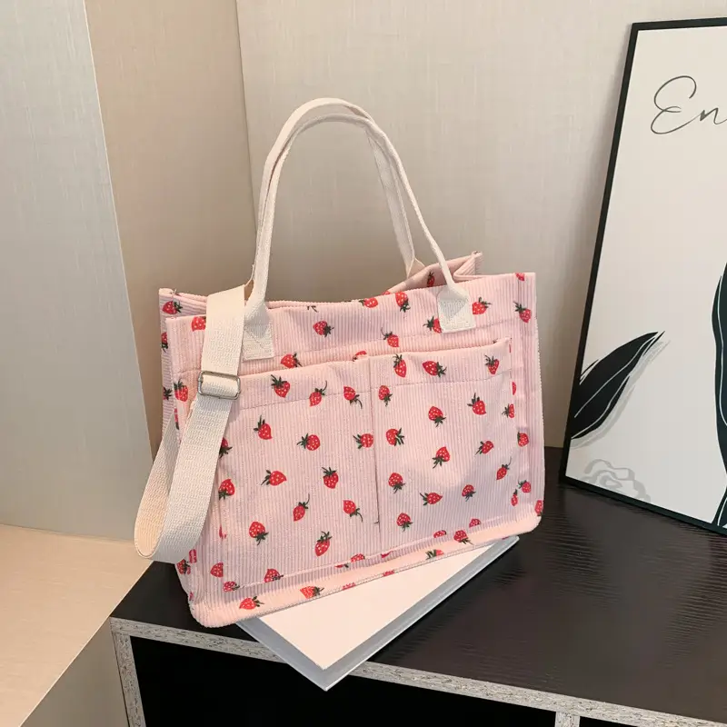 Women Canvas Tote Bag Black Red Polka Dot Large Capacity - Image 4