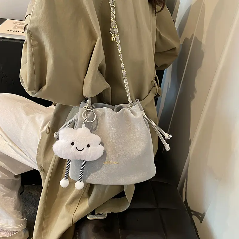 Women Retro Frosted Chain Bucket Bag Cream - Image 10