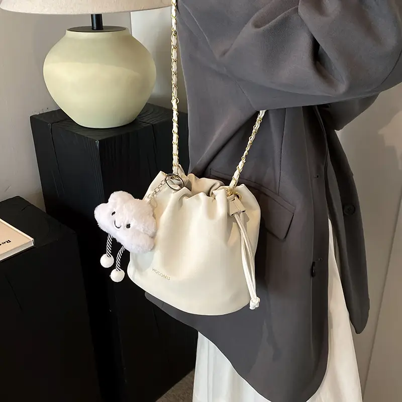 Women Retro Frosted Chain Bucket Bag Cream - Image 11