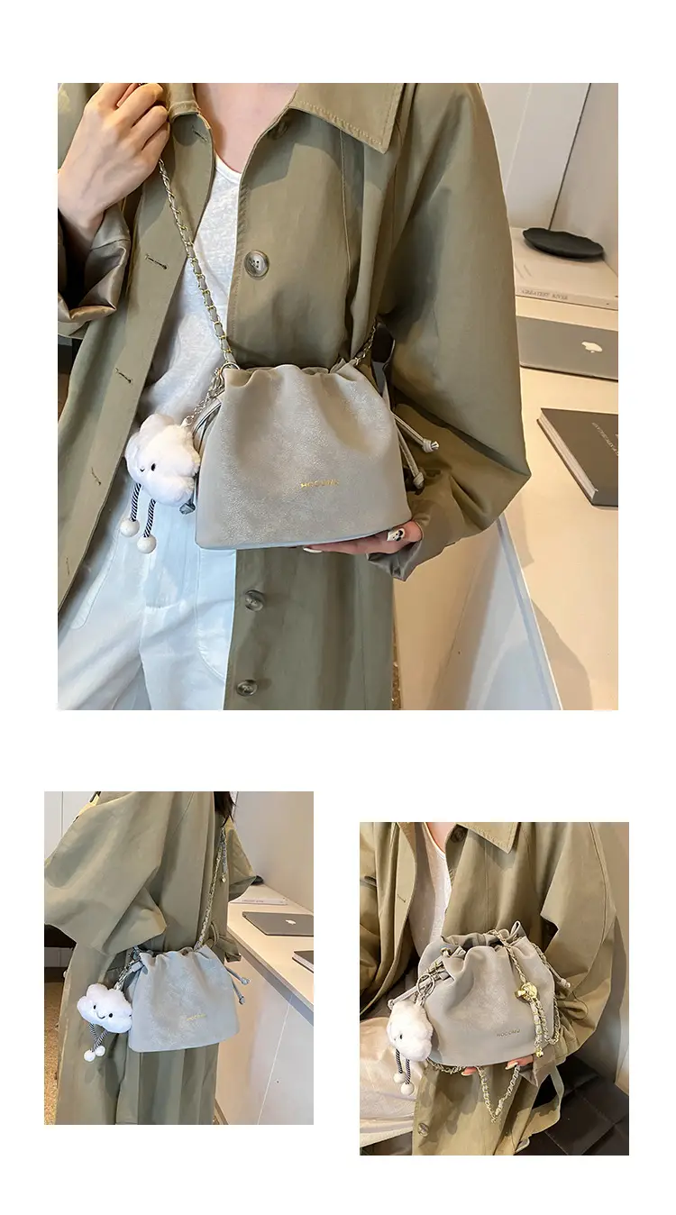 Women Retro Frosted Chain Bucket Bag Cream — feature 5