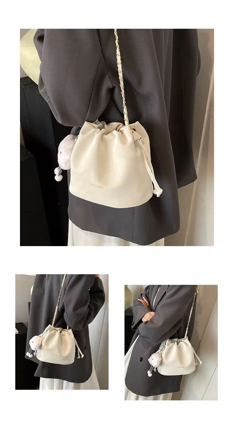 Women Retro Frosted Chain Bucket Bag Cream — feature 6