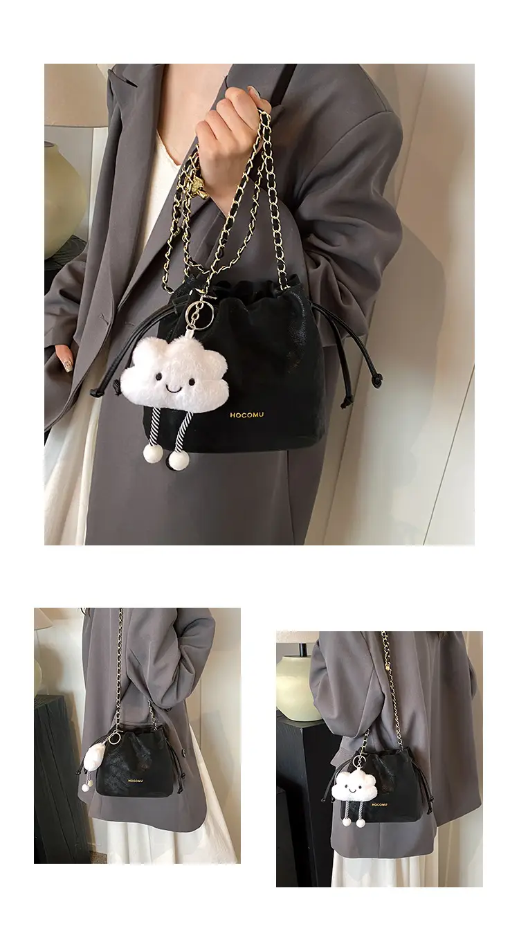 Women Retro Frosted Chain Bucket Bag Cream — feature 7