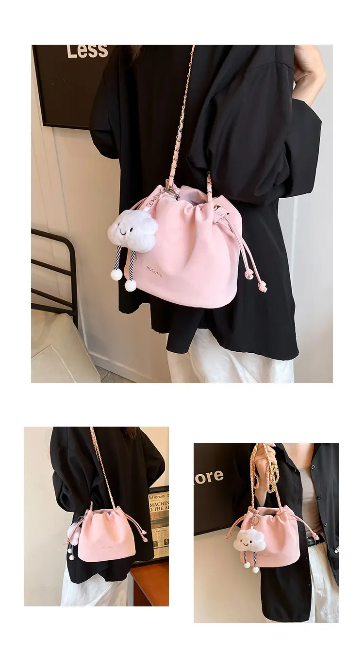 Women Retro Frosted Chain Bucket Bag Cream — feature 8