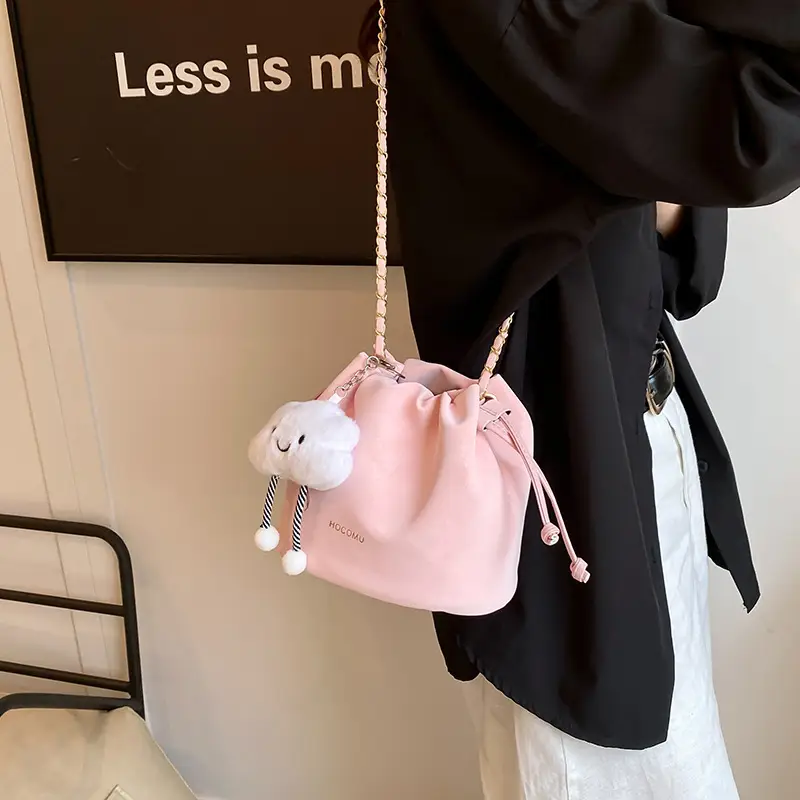 Women Retro Frosted Chain Bucket Bag Cream - Image 3