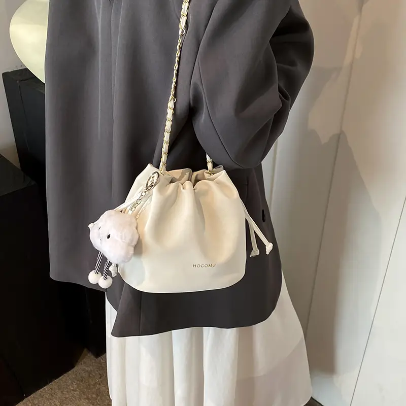Women Retro Frosted Chain Bucket Bag Cream - Image 6