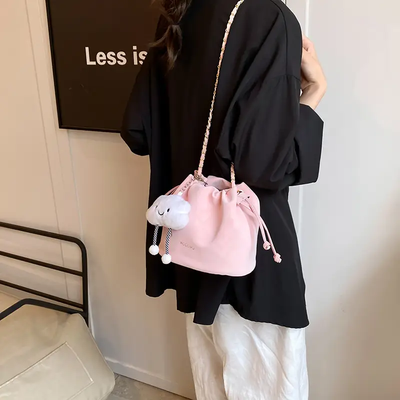 Women Retro Frosted Chain Bucket Bag Cream - Image 7