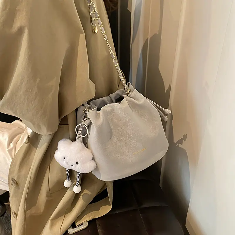 Women Retro Frosted Chain Bucket Bag Cream - Image 8