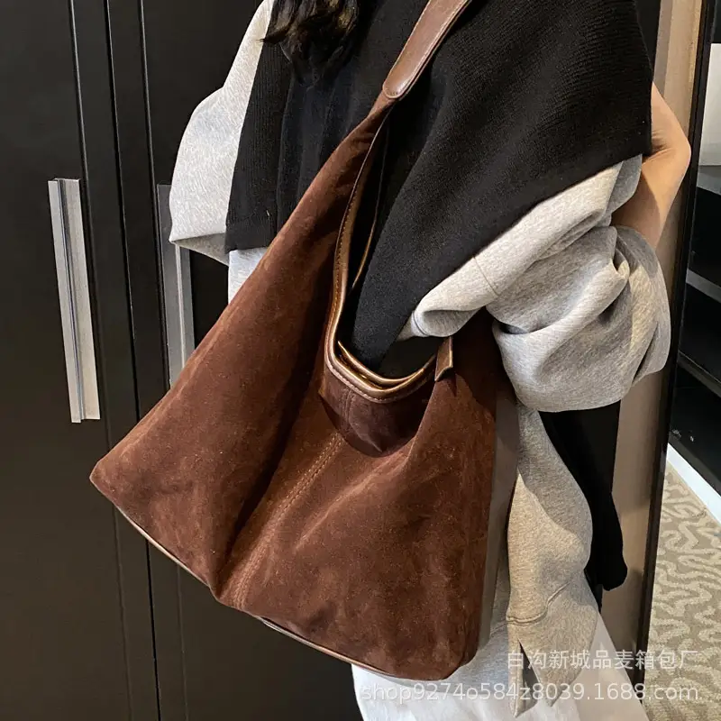 Women Retro Frosted Suede Shoulder Bag Brown Large Capacity - Image 7