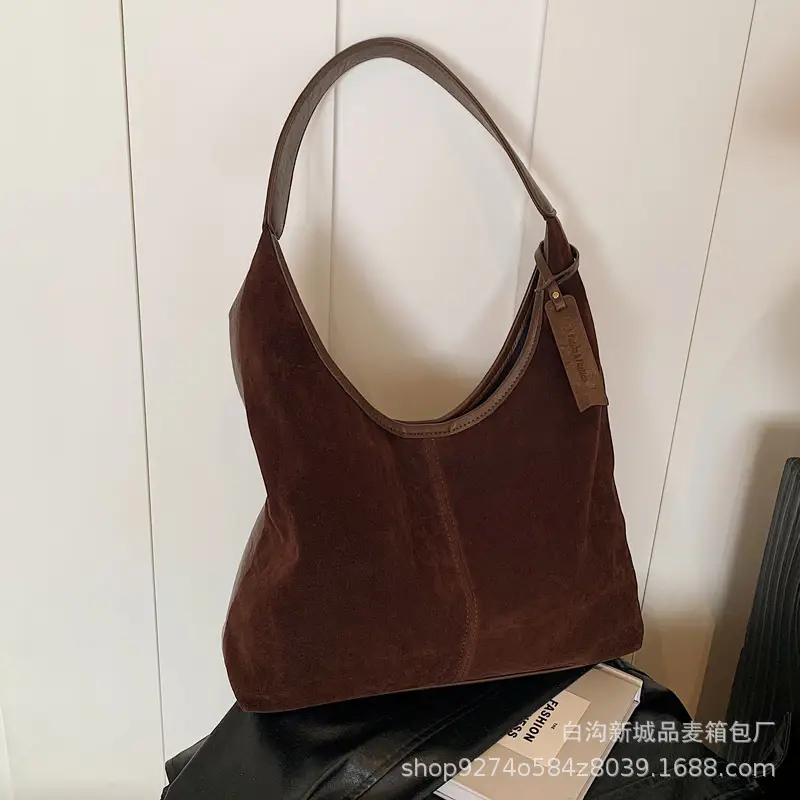 Women Retro Frosted Suede Shoulder Bag Brown Large Capacity - Image 8