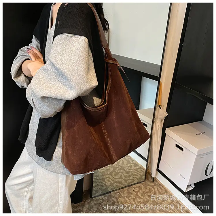 Women Retro Frosted Suede Shoulder Bag Brown Large Capacity — feature 17