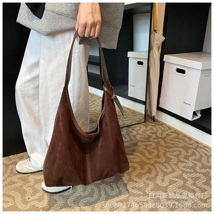 Women Retro Frosted Suede Shoulder Bag Brown Large Capacity — feature 19