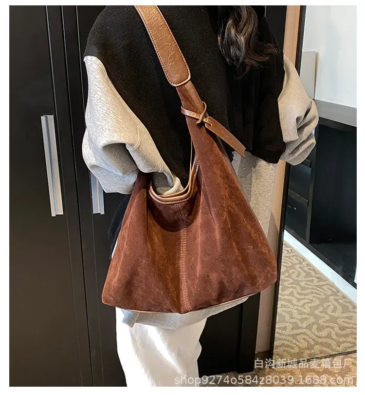Women Retro Frosted Suede Shoulder Bag Brown Large Capacity — feature 2