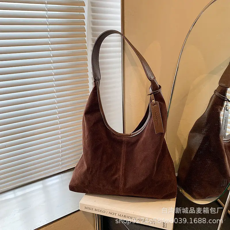 Women Retro Frosted Suede Shoulder Bag Brown Large Capacity - Image 2