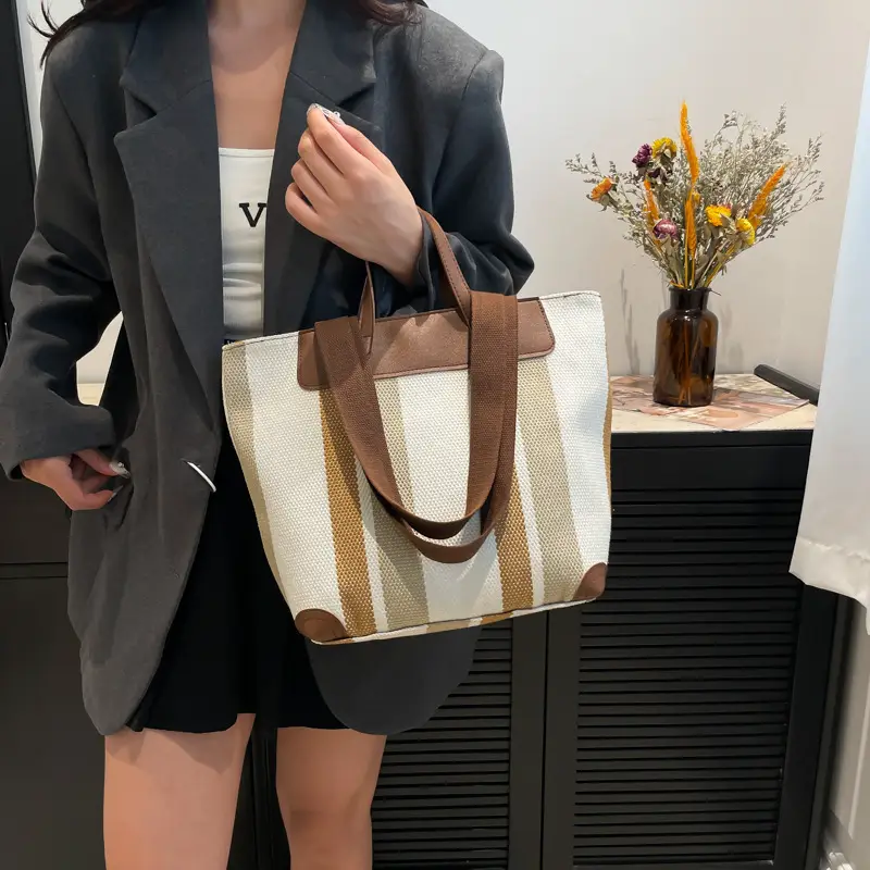 Large Capacity Striped Canvas Tote Bag for Women - Image 4