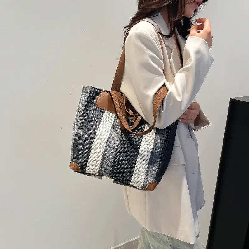 Large Capacity Striped Canvas Tote Bag for Women - Image 5