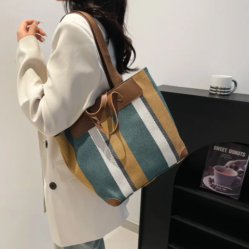 Large Capacity Striped Canvas Tote Bag for Women - Image 6