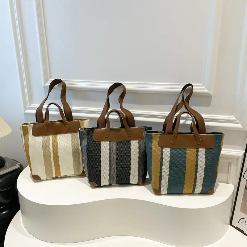 Large Capacity Striped Canvas Tote Bag for Women - Image 7