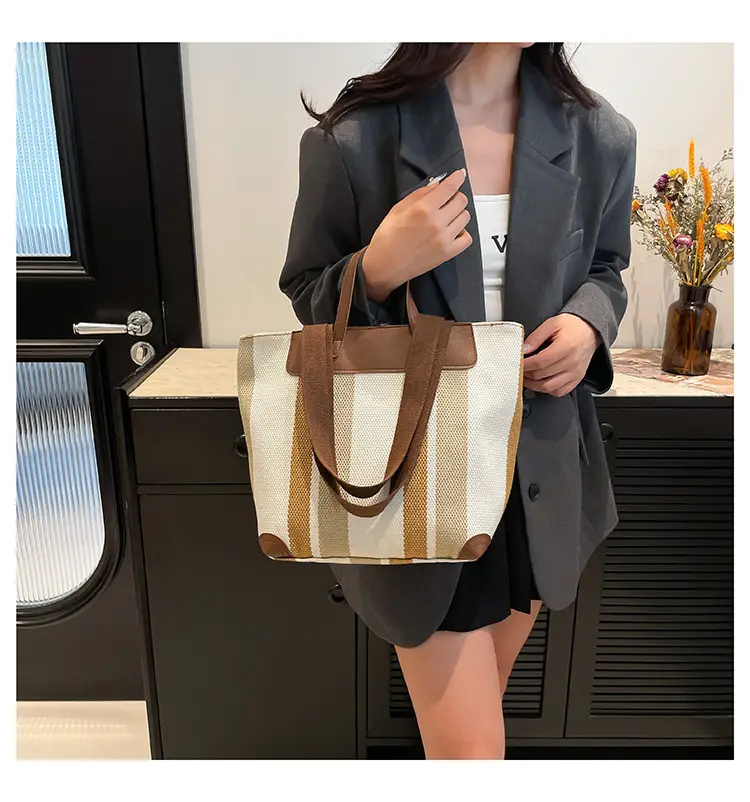Large Capacity Striped Canvas Tote Bag for Women — feature 14
