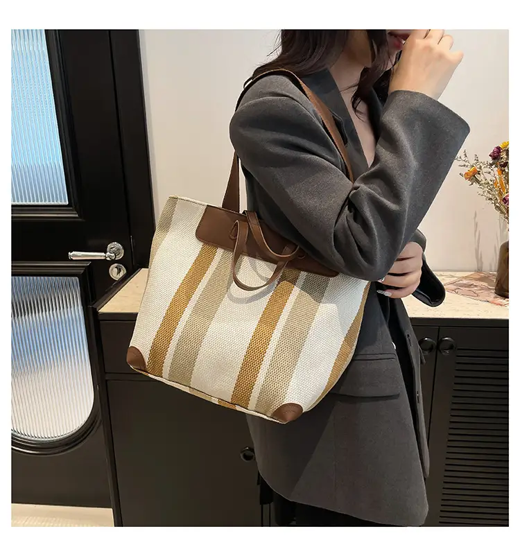 Large Capacity Striped Canvas Tote Bag for Women — feature 15