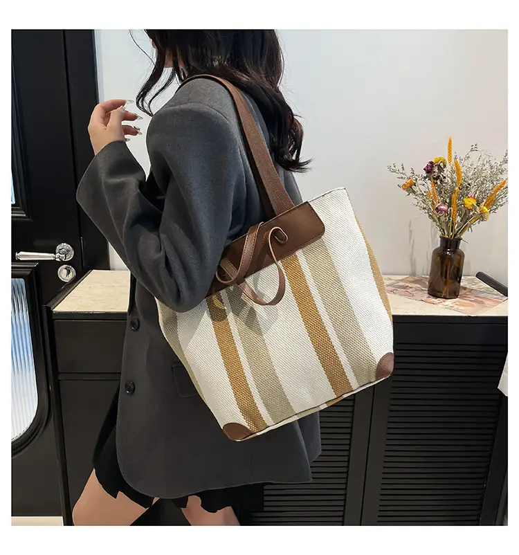 Large Capacity Striped Canvas Tote Bag for Women — feature 16