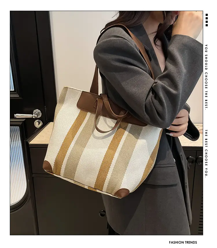Large Capacity Striped Canvas Tote Bag for Women — feature 2