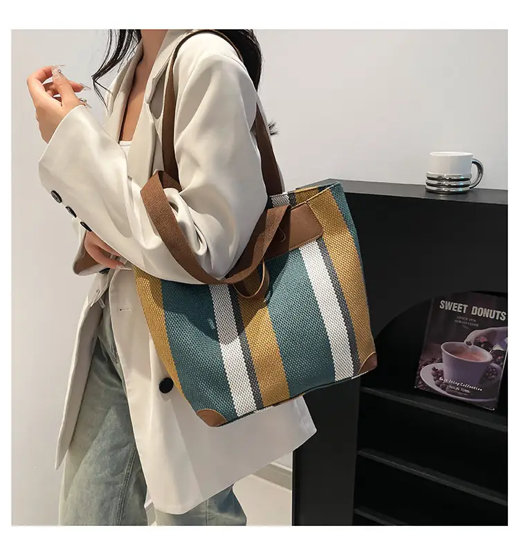 Large Capacity Striped Canvas Tote Bag for Women — feature 21