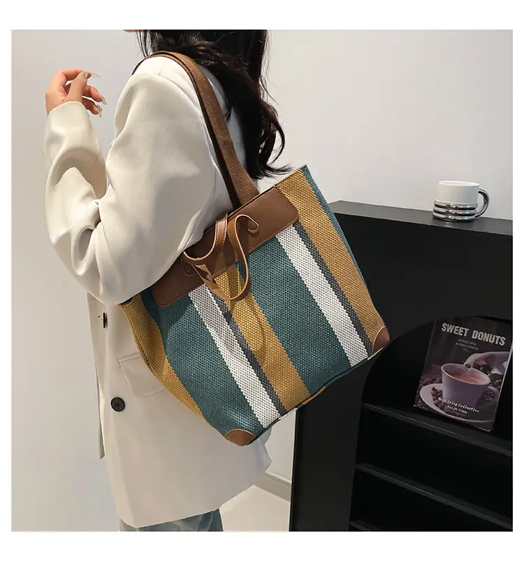 Large Capacity Striped Canvas Tote Bag for Women — feature 22