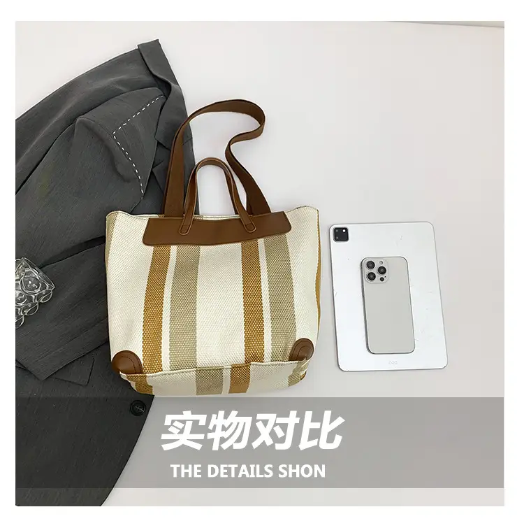 Large Capacity Striped Canvas Tote Bag for Women — feature 7