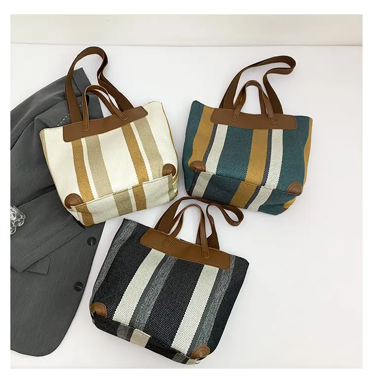 Large Capacity Striped Canvas Tote Bag for Women — feature 9