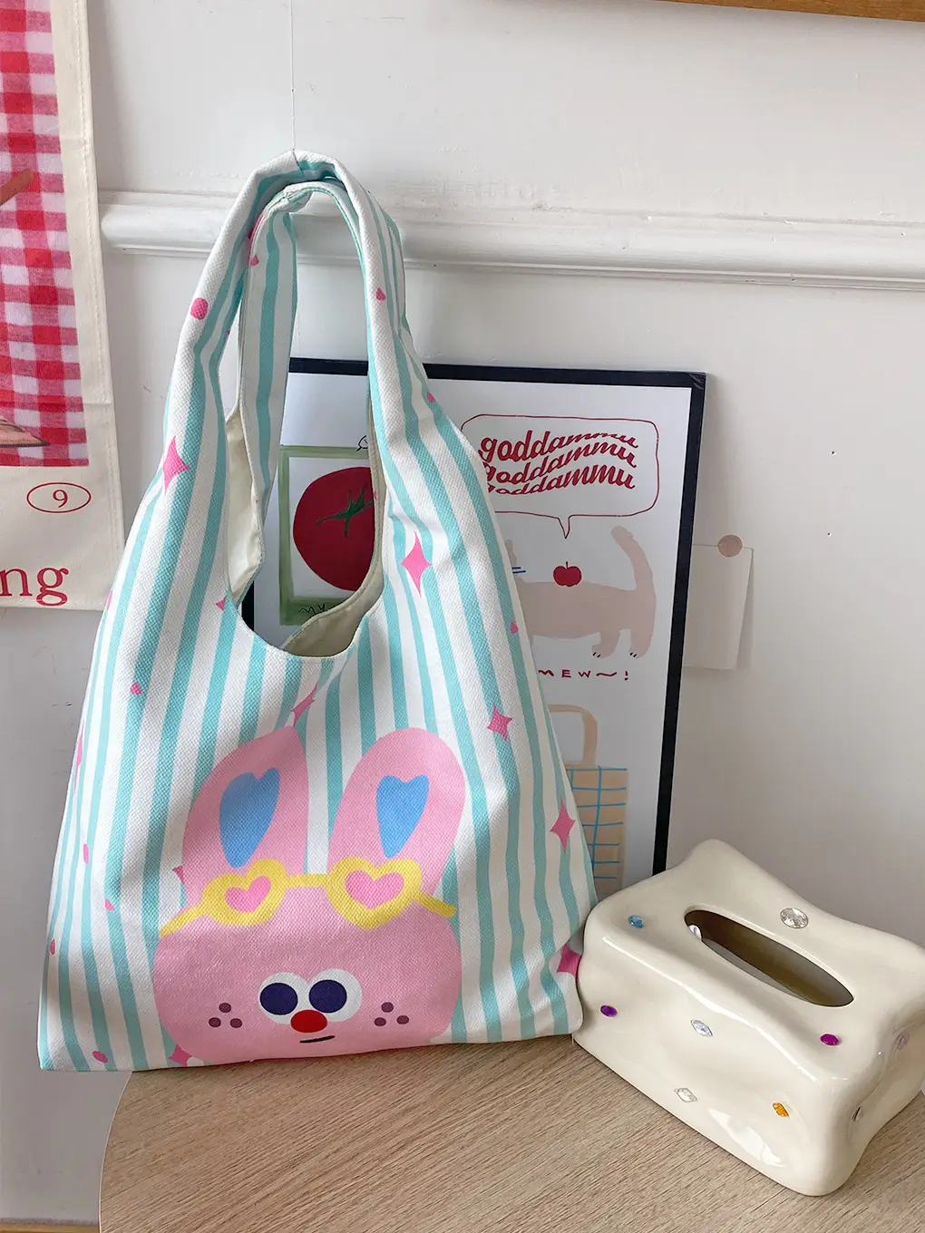 Pink Polka Dot Bunny Embroidered Shoulder Bag - Image 9