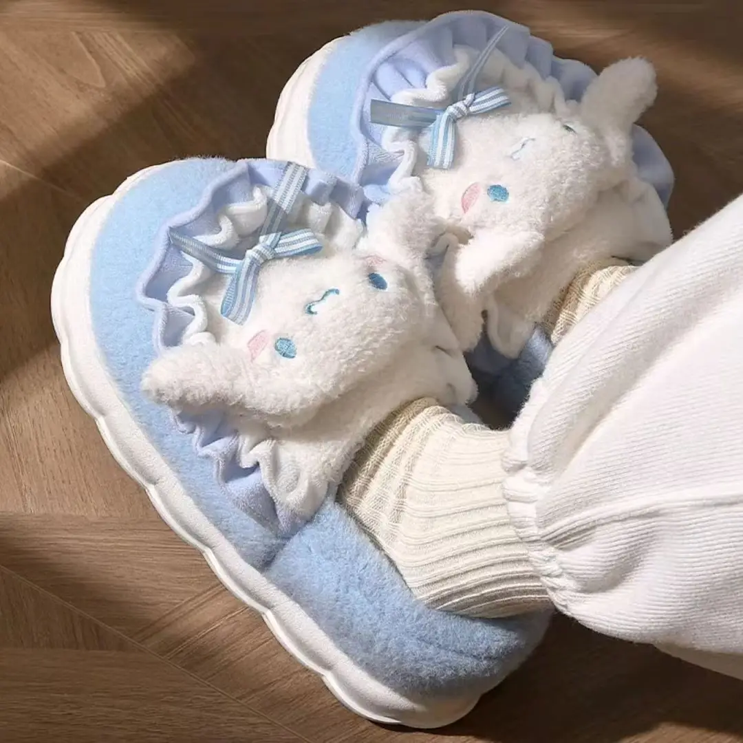 Hellokitty cat cotton slippers ladies winter bag with 2024 new cute fur fleece-lined moon cotton shoes women