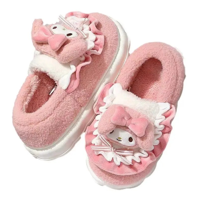 Hellokitty cat cotton slippers ladies winter bag with 2024 new cute fur fleece-lined moon cotton shoes women