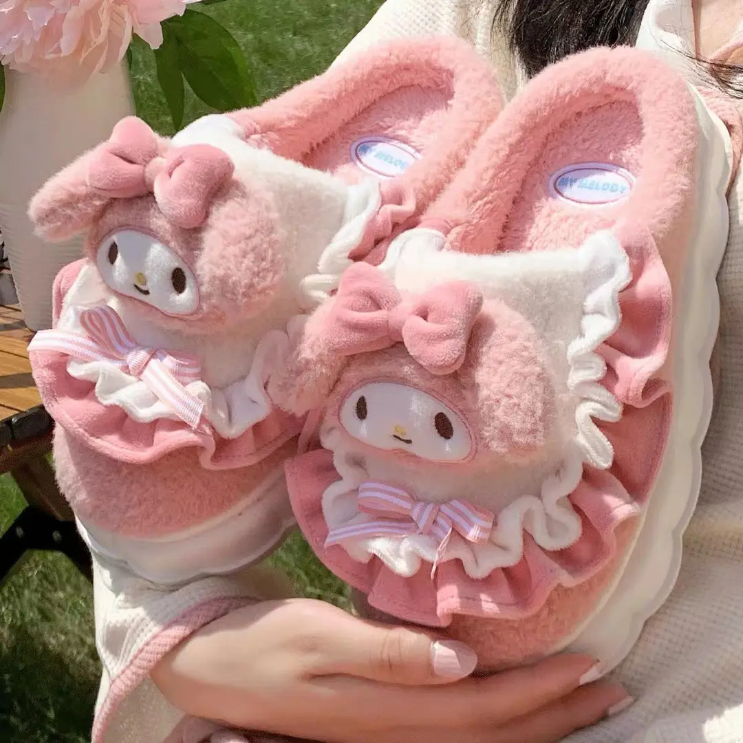 Hellokitty cat cotton slippers ladies winter bag with 2024 new cute fur fleece-lined moon cotton shoes women