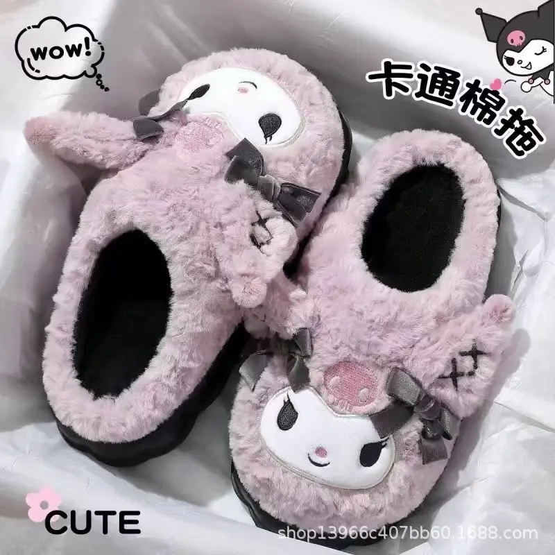 Hellokitty cat cotton slippers ladies winter bag with 2024 new cute fur fleece-lined moon cotton shoes women