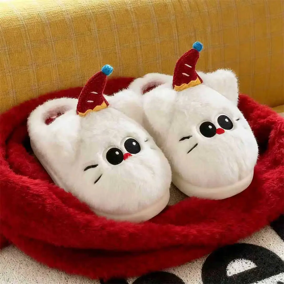 Hellokitty cat cotton slippers ladies winter bag with 2024 new cute fur fleece-lined moon cotton shoes women