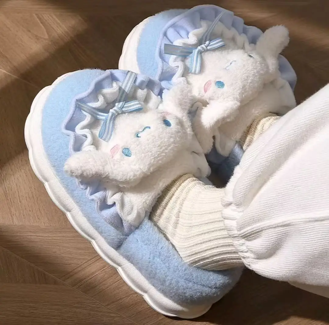 Hellokitty cat cotton slippers ladies winter bag with 2024 new cute fur fleece-lined moon cotton shoes women