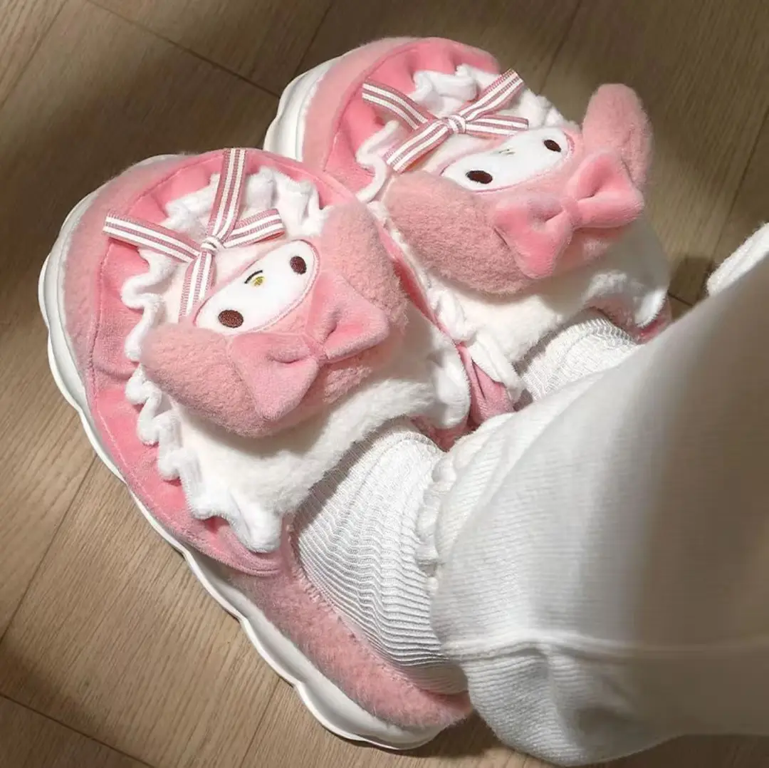 Hellokitty cat cotton slippers ladies winter bag with 2024 new cute fur fleece-lined moon cotton shoes women