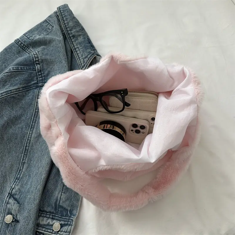 Pink French Style Plush Shoulder Bag for Women - Image 10