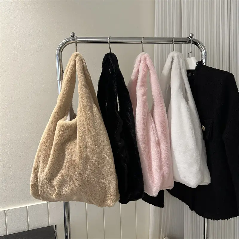 Pink French Style Plush Shoulder Bag for Women - Image 12