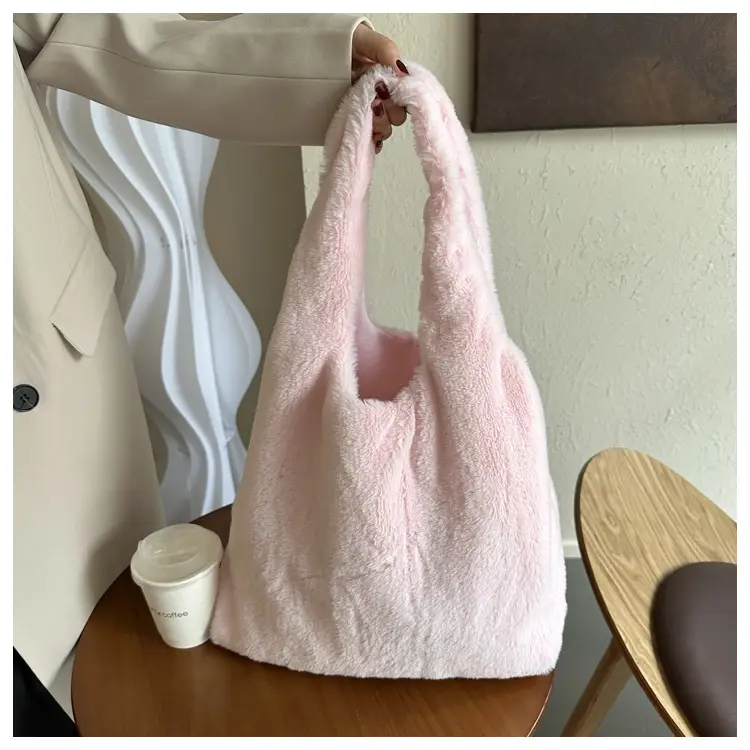 Pink French Style Plush Shoulder Bag for Women — feature 34