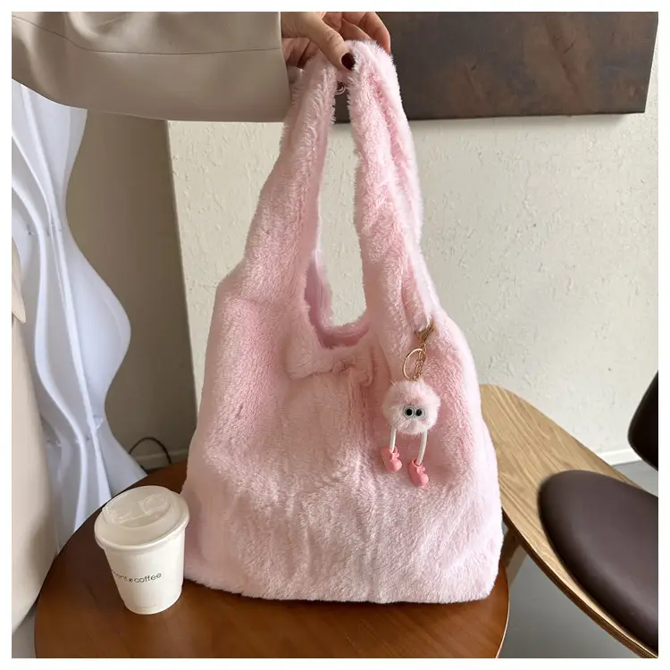 Pink French Style Plush Shoulder Bag for Women — feature 35