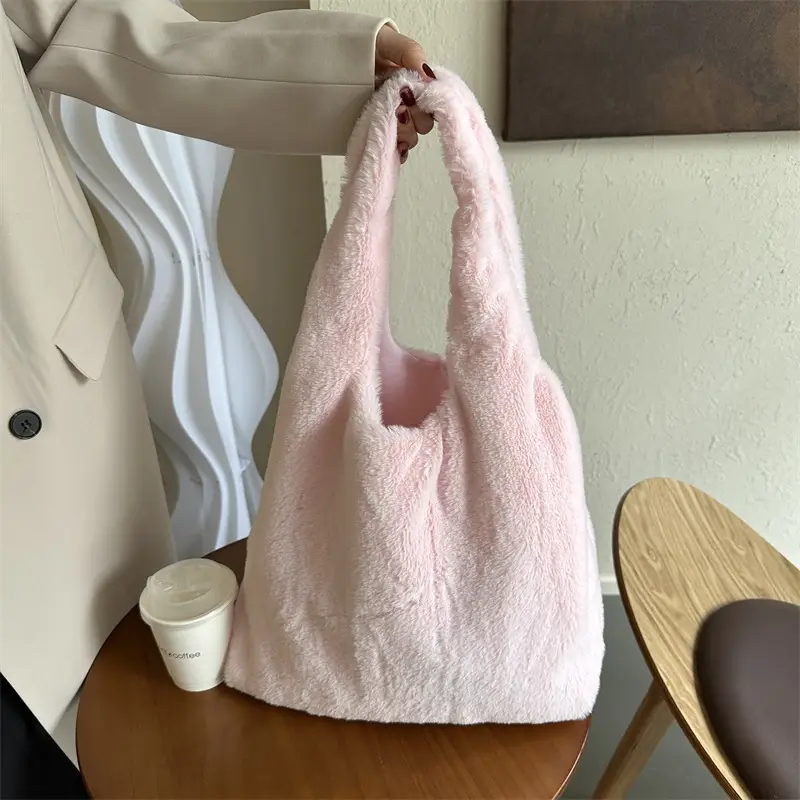 Pink French Style Plush Shoulder Bag for Women - Image 2