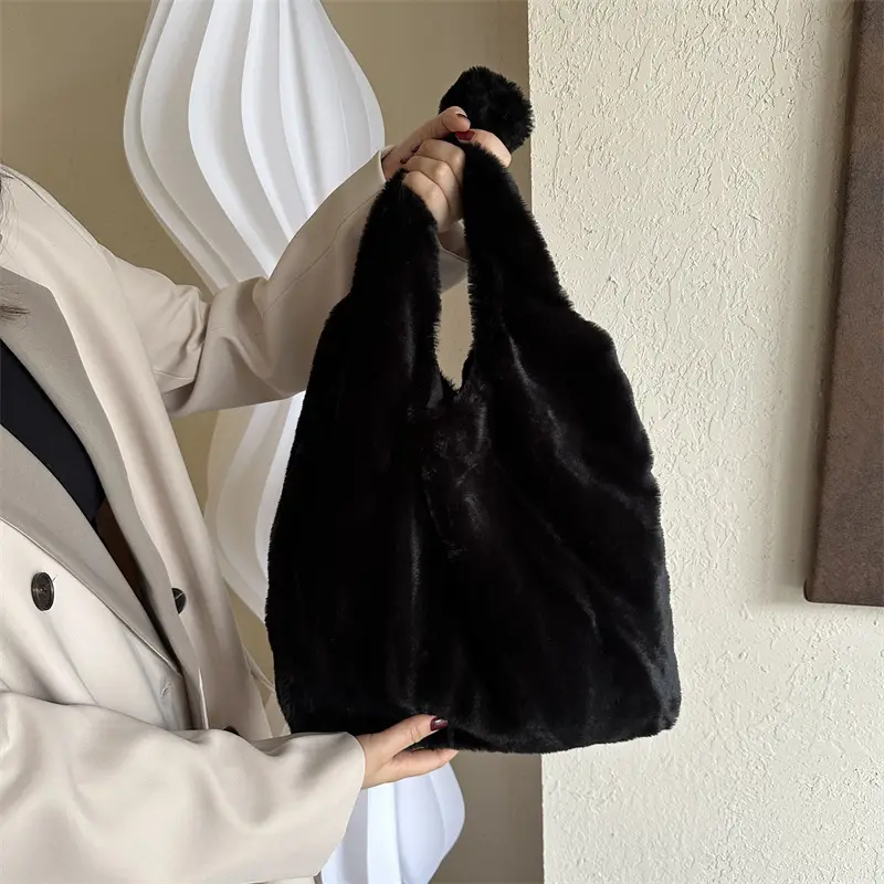 Pink French Style Plush Shoulder Bag for Women - Image 3
