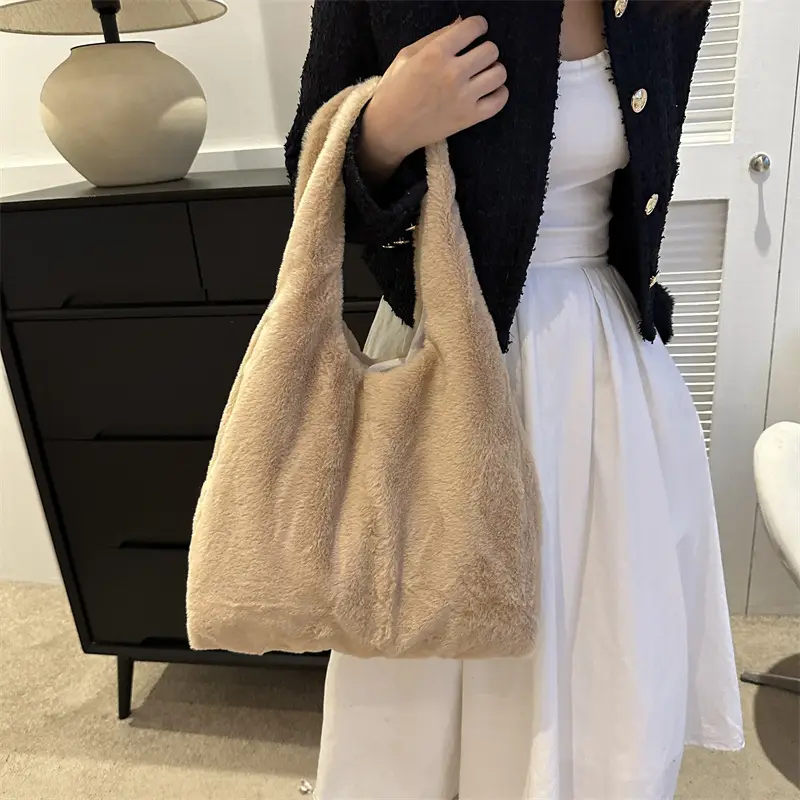 Pink French Style Plush Shoulder Bag for Women - Image 4