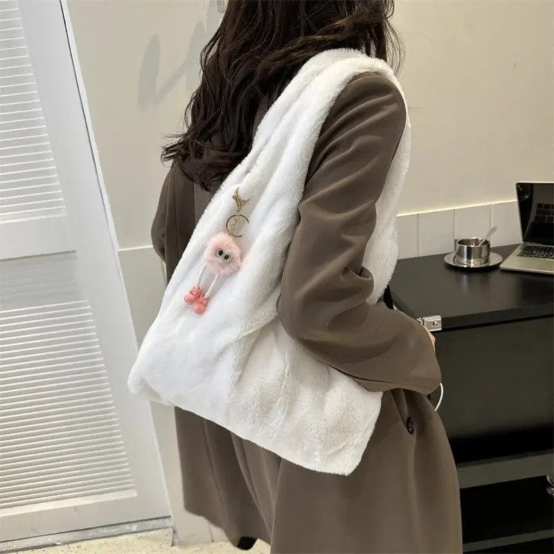 Pink French Style Plush Shoulder Bag for Women - Image 5