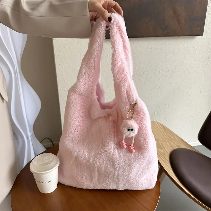 Pink French Style Plush Shoulder Bag for Women - Image 6