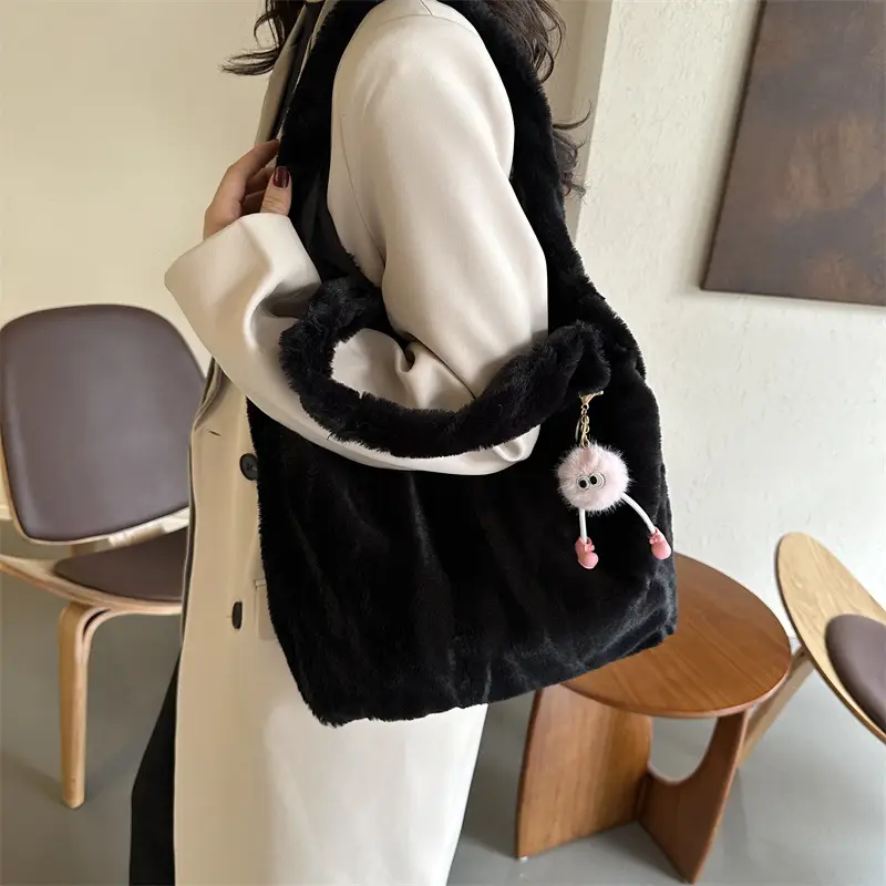 Pink French Style Plush Shoulder Bag for Women - Image 7
