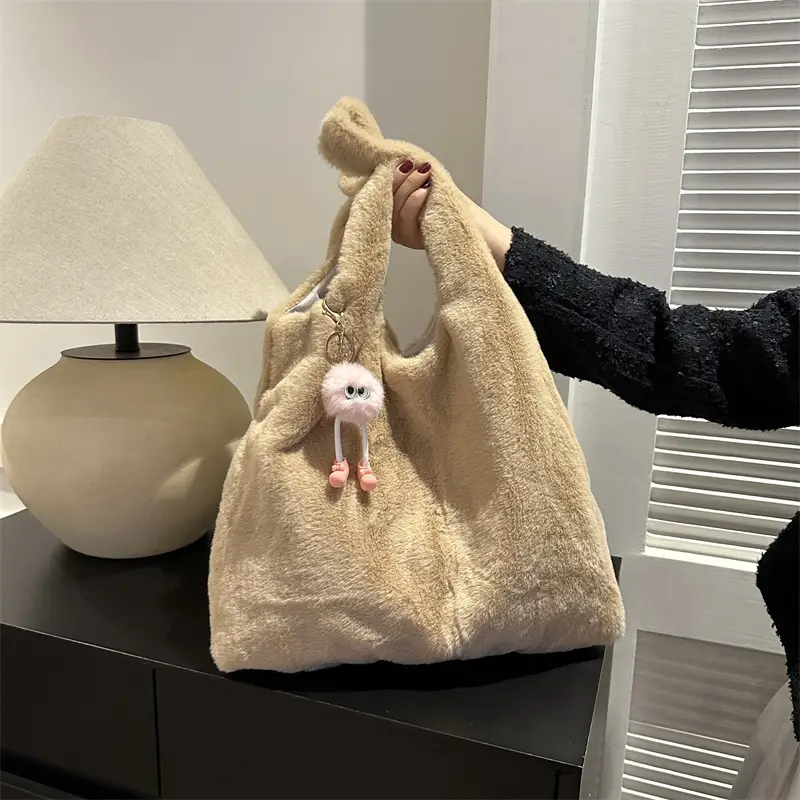 Pink French Style Plush Shoulder Bag for Women - Image 8