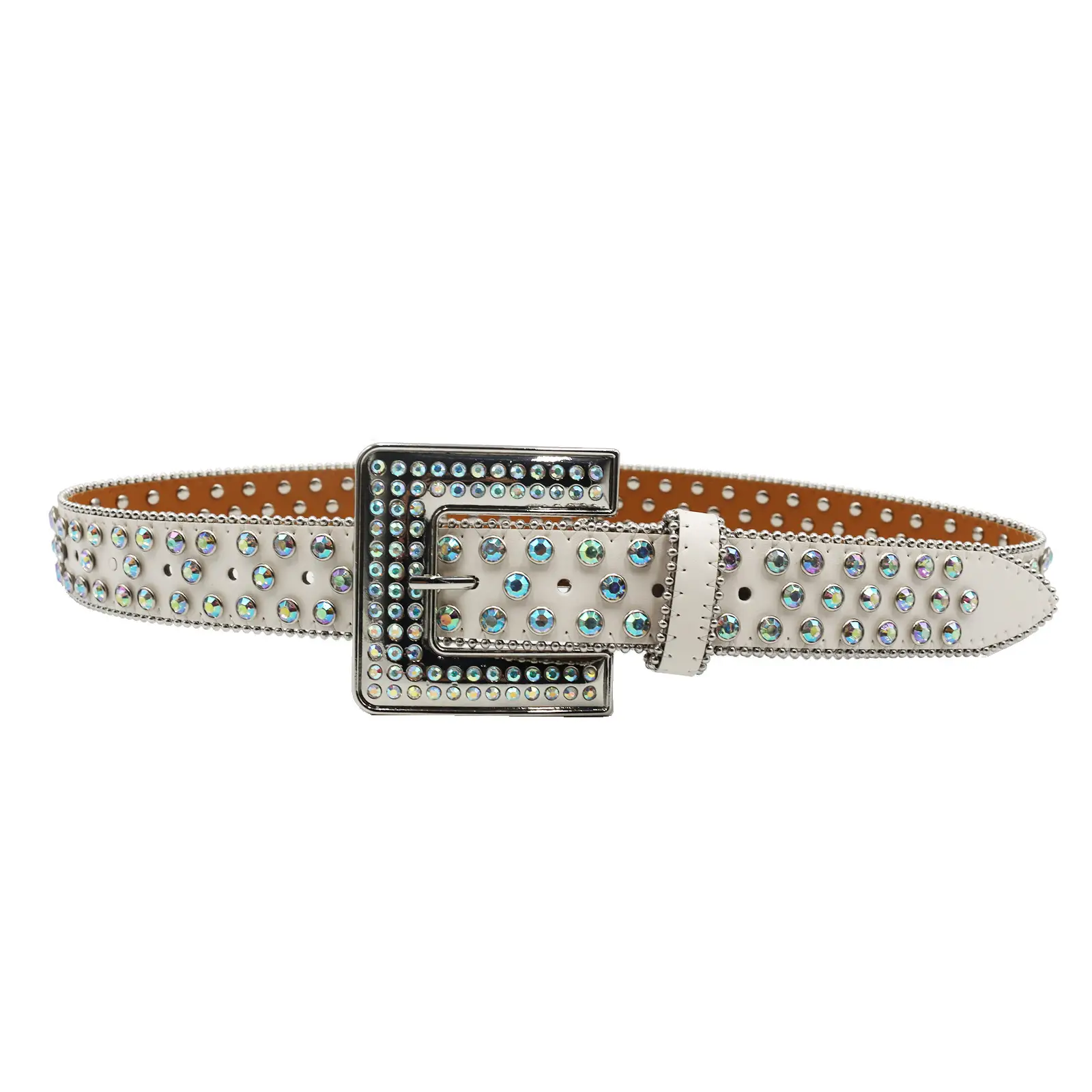 White Rhinestone Square Buckle Belt for Women - Image 4