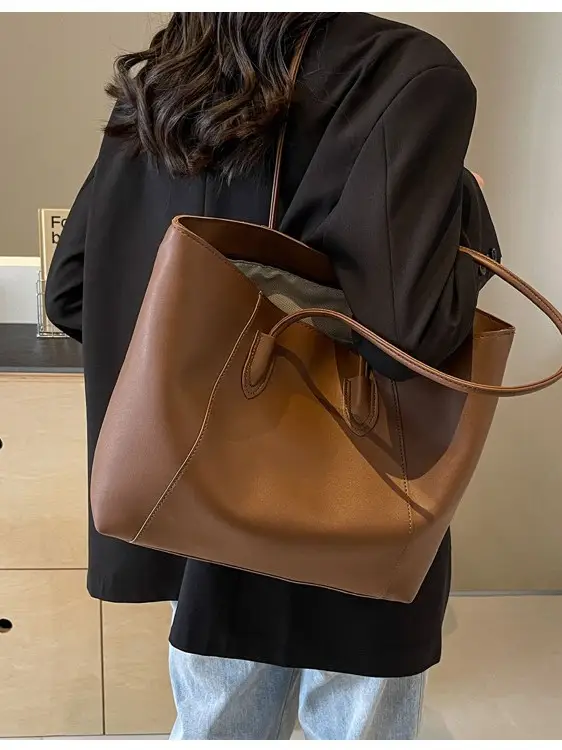 Cross-Border Large Bag Brown Leather Shoulder & Hand Carry - Image 5